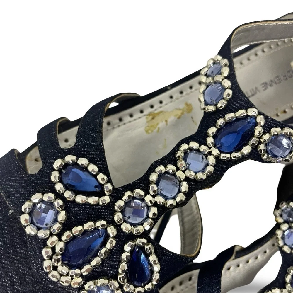 Adrienne Vittadini Navy Blue Linen Jeweled Kitten Wedge Sandals Size 8